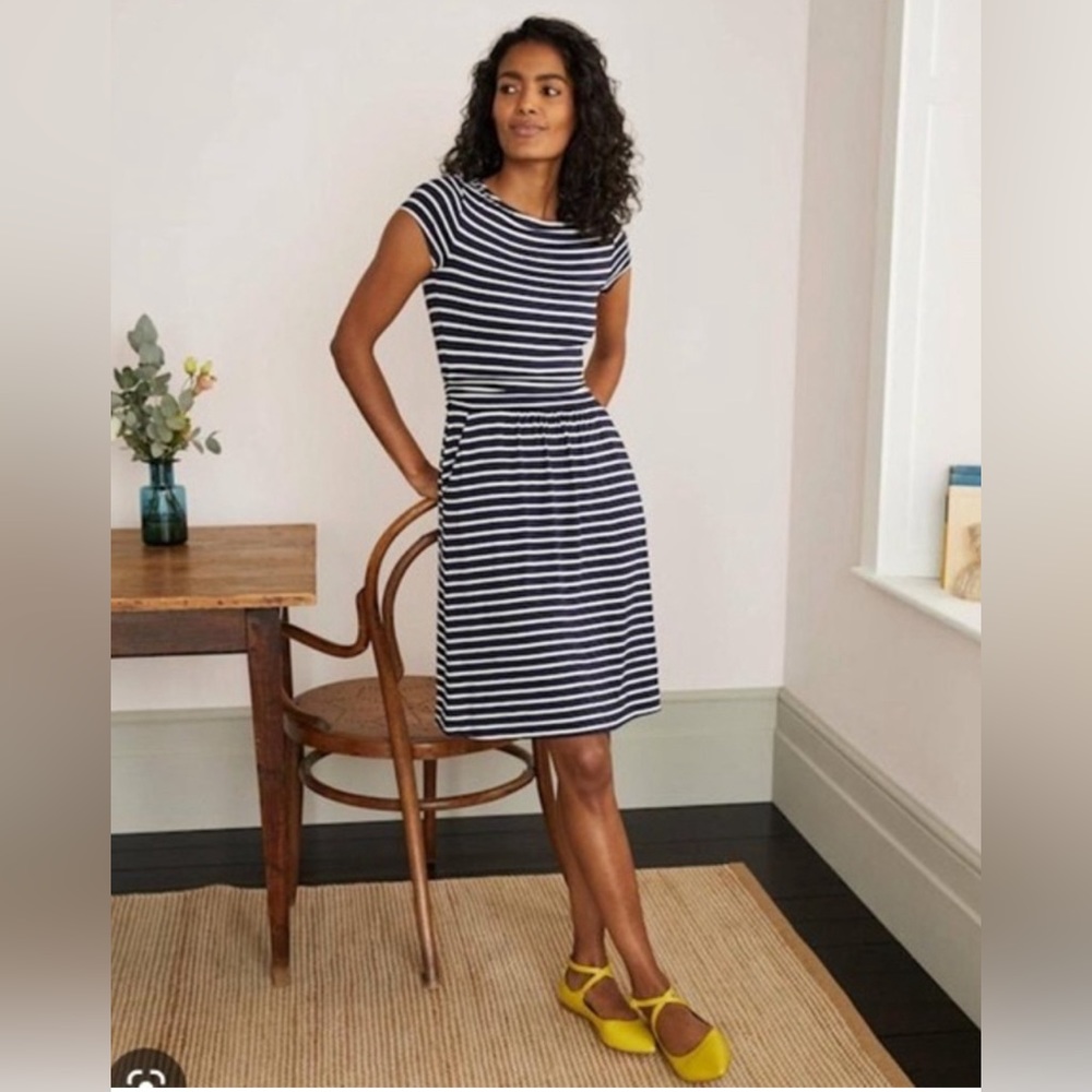 Boden Amelie Striped Jersey Dress Navy/White Size 16/18 Pockets Stretch Comfy